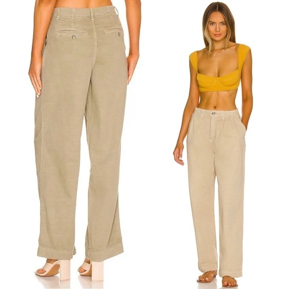 FREE PEOPLE 90s Slouchy Pleated Straight Wide Leg Relaxed Fit Khaki Chino Pant 4 - Picture 7 of 8